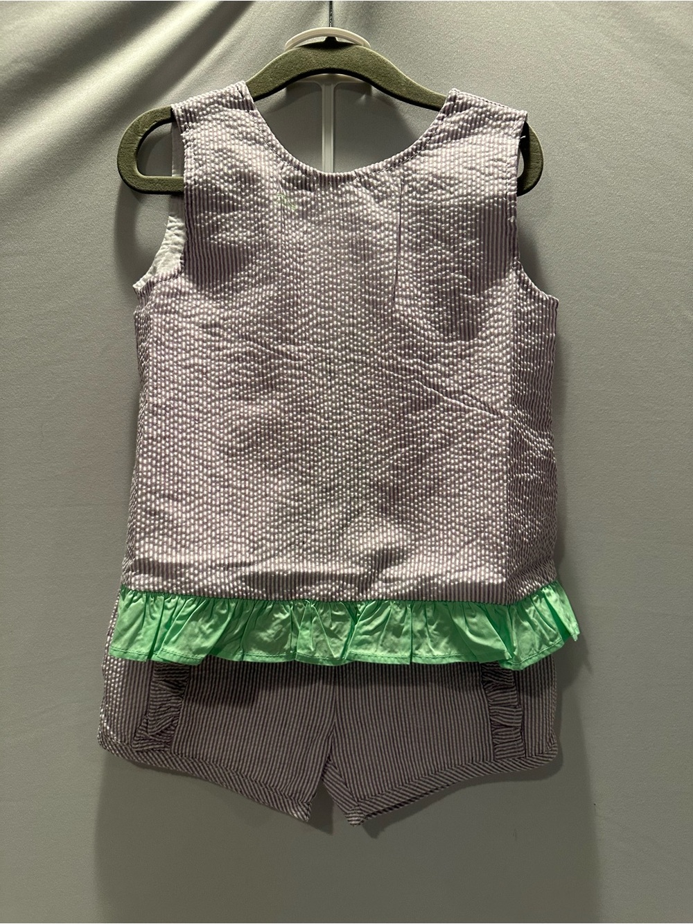 Kids Sleeveless Seersucker Top with Green Ruffle with Matching Shorts - Lilac